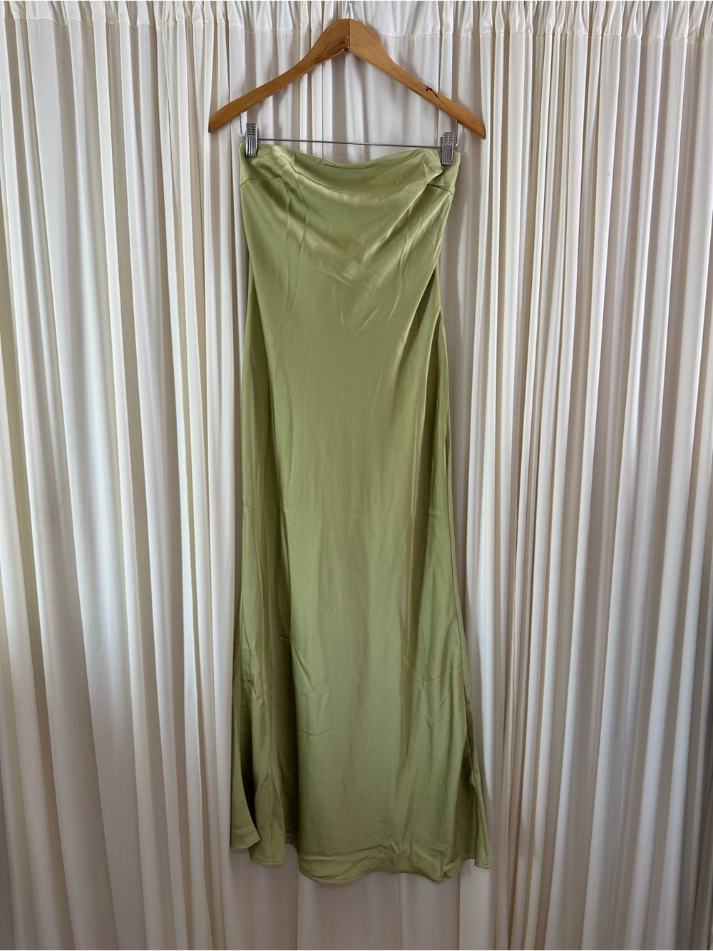 Princess Polly Haley Sage Green Satin Strapless Tie Back Maxi Dress Spring Vacay - Picture 3 of 8